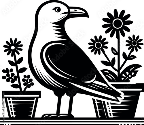 Seagull with Flowers in Pots