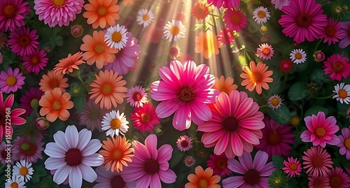 Blooming Daisies and Gerbera Flowers in Sunlight Pink, Orange, and White Petals Abound