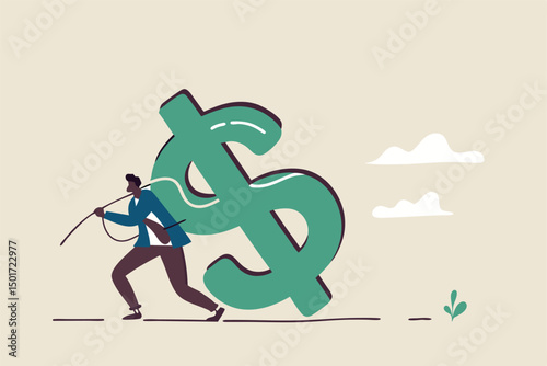 Working hard for money, effort to earn more salary or investment profit, tax burden or financial problem and difficulty concept, overworked businessman drag big dollar sign money back from work.