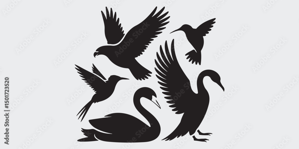 Obraz premium Black Bird Vector Silhouette Set in White Background