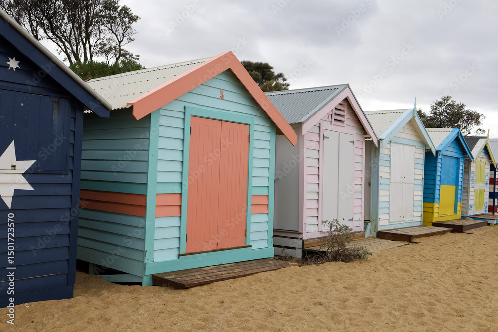 The Brighton Bathing Boxes is famous travel on beach at Brighton, Victoria, Australia The Brighton Bathing Boxes is famous travel on beach at Brighton, Victoria, Australia