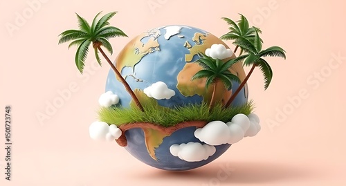 Cartoon Earth Globe Featuring Palm Trees, Grass, and Fluffy Clouds on Pink Background