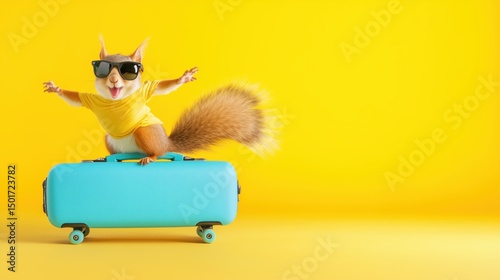 Squirrel with sunglasses and suitcase ready for travel on a bright yellow background