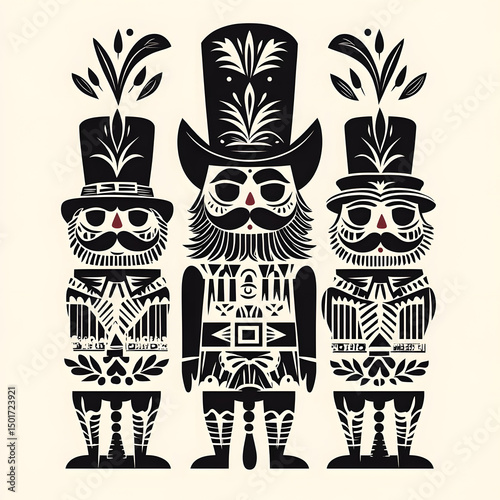 Vintage Nutcrackers Illustration: A classic and artistic illustration of vintage nutcrackers, evoking a sense of tradition and festive charm with intricate details and a timeless aesthetic.