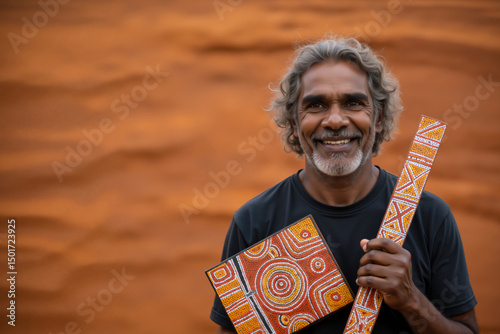 Portrait of Indigenous Australian man with traditional painted clapstick. Aboriginal art and culture from Western Australia. WA Day.