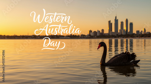 Fototapeta Naklejka Na Ścianę i Meble -  Western Australia Day design with Perth skyline cityscape and black swan at sunset. WA Day greeting card. Scenic WA capital. Symbol of Western Australia