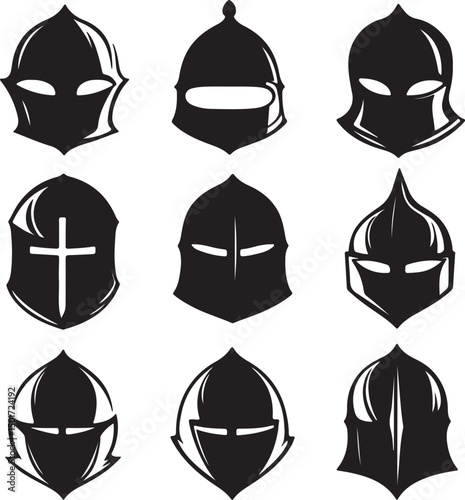 Medieval Knight Helmet Vector Set: Black and White Illustration of Armor Headgear for Historical, Fantasy, and Gaming Designs