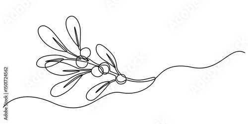 Continuous one single line of mistletoe winter flower isolated on white background, A simple, continuous line drawing of holly and mistletoe, perfect for a Christmas or New Year's greeting card.