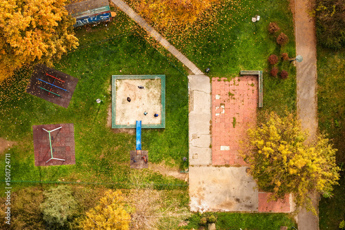 Aerial view of sarajevo parks in autumn colors with playgrounds and trees, sarajevo, bosna i hercegovina.