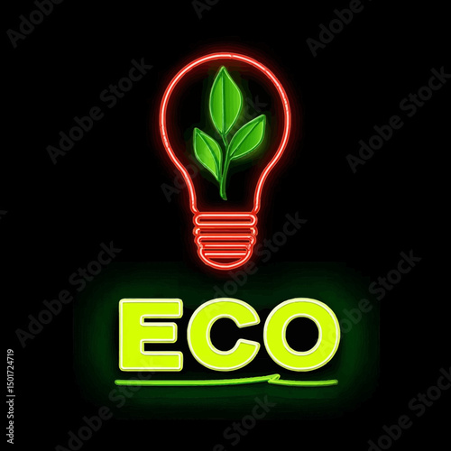 Futuristic logo, “ECO”, green light bulb with a leaf inside, electric energy