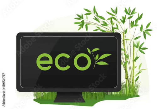 Black computer monitor with the words “eco” in green, with bamboo leaves and grass behind it