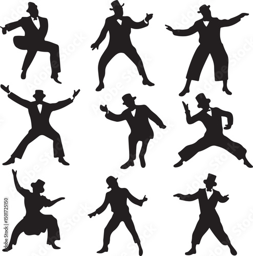 Silhouette Vector Art: Vintage Men Dancing in Suits and Hats, Retro Style Illustration for Graphic Design and Creative Projects