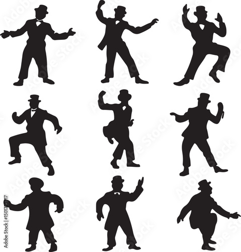 Silhouette of Vintage Dancer Set: Black and White Vector Illustration of Retro Style Men in Hats Performing Dance Moves for Graphic Design