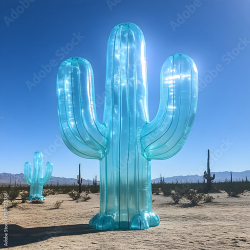 Inflatable blow up blue cactus tree in the desert