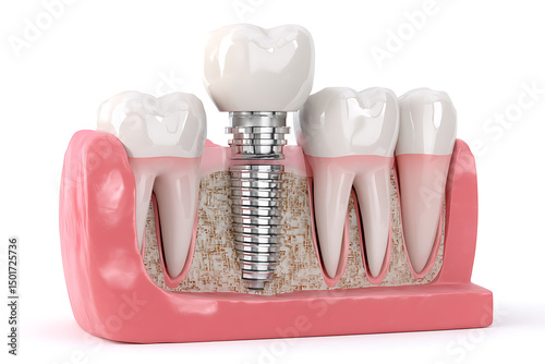 Detailed dental implant model showing the structure and placement within the jawbone