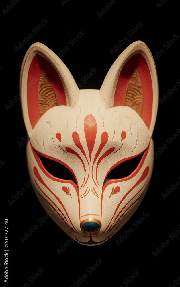 Naklejka premium traditional japanese kitsune fox mask – ideal for cultural articles, folklore-themed designs, and festival posters