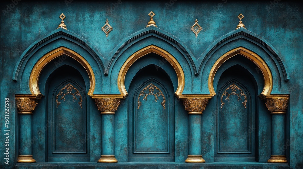 Fototapeta premium Teal wall with three gold arched alcoves.