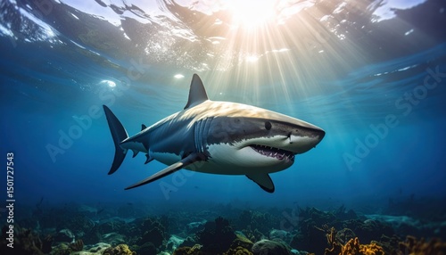 Wallpaper Mural Great white shark swimming near the ocean floor with light beams symbolizing marine life, ocean predators and underwater exploration Torontodigital.ca