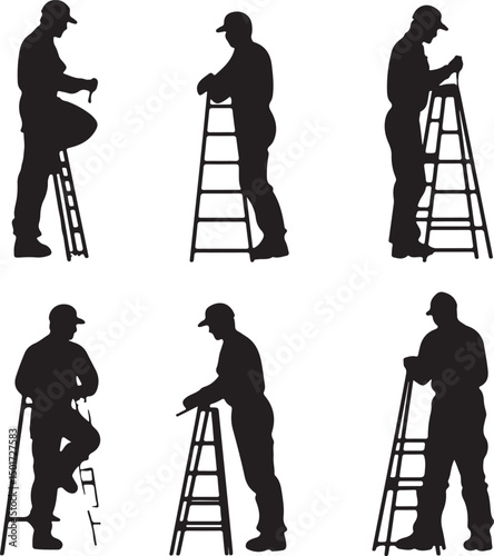 Silhouette Vector Illustration of a Man on a Ladder: Construction Worker, Maintenance, Repair, Safety, and DIY Projects Graphic Resource