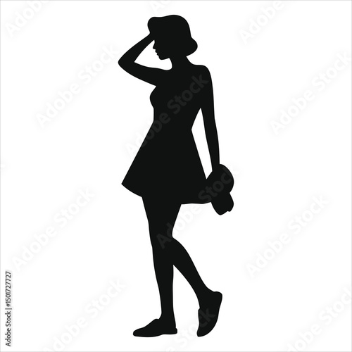 (Mules slip-ons)Vector Silhouette of a Woman in a Short Dress/A simple, elegant silhouette of a woman wearing a short dress and casual shoes.