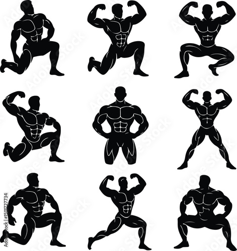 Gym Pose Line Art – Muscular Man Silhouette Collection Bodybuilder One Line Drawing – Fitness Silhouette Vector Set