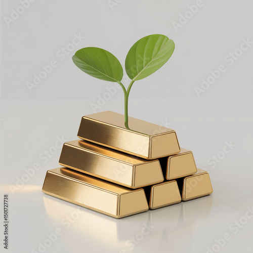 Gold Bars Stack with Green Plant Growing