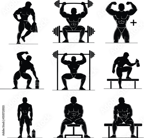 Gym Pose Line Art – Muscular Man Silhouette Collection Bodybuilder One Line Drawing – Fitness Silhouette Vector Set