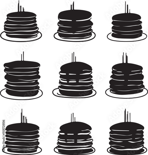 Black and White Pancake Stacks Vector Illustration: Delicious Breakfast Food Graphic for Recipes, Menus, and Culinary Designs