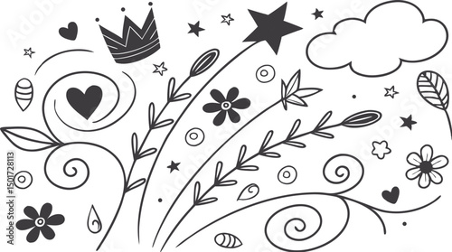 Decorative doodles. Hand drawn pointing arrow, outline shapes and doodle frames. Ink signs decoration ornament. line curved arrow, heart. circle sketch isolated vector illustration symbols set.