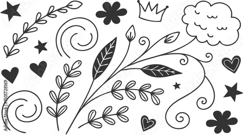 Decorative doodles. Hand drawn pointing arrow, outline shapes and doodle frames. Ink signs decoration ornament. line curved arrow, heart. circle sketch isolated vector illustration symbols set.