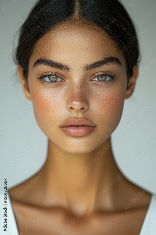 Fototapeta premium Young woman with stunning green eyes showcases natural beauty against a soft, neutral background in a striking portrait