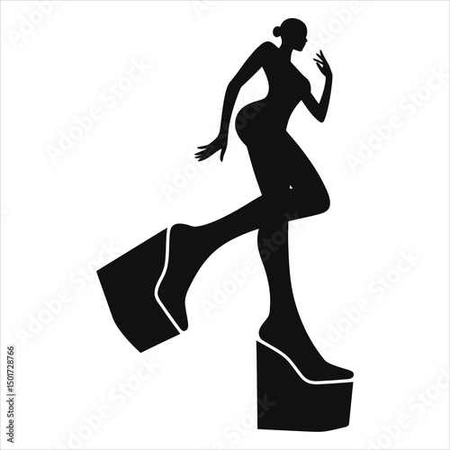 (Platform shoes wedge heels)Vector Silhouette of a Woman in Platform Heels Against a White Background/A bold silhouette of a woman wearing high platform heels, presented against a solid pink backdrop.