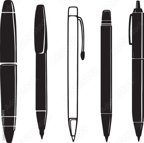 Black and White Vector Illustration of Assorted Pens: Ballpoint, Felt Tip, and Fountain Pens for Writing, Drawing, and Office Supplies Design