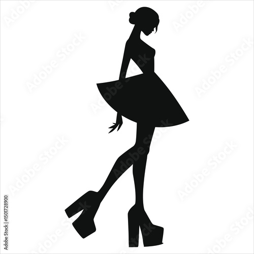 ( Platform shoes wedge heel)Vector Silhouette of a Woman in Fashionable Dress and Heels/A stylish black silhouette of a woman in a fashionable dress and high heels, set against a white background