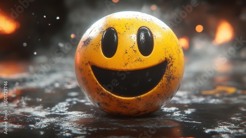 Smiling yellow ball in a dark, fiery background showcasing a contrast between joy and chaos in a dynamic environment