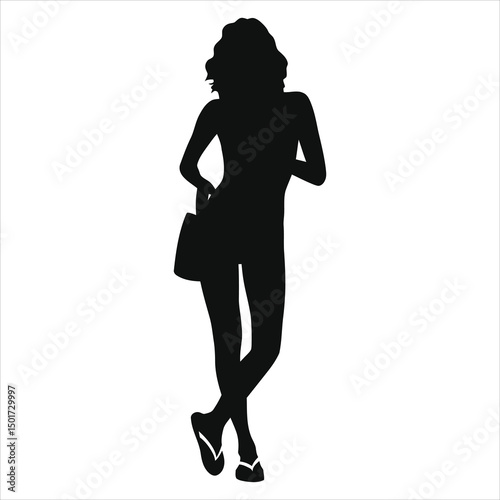 (Sandals flip-flops)Vector Silhouette of a Woman with a Bag, Ready for Summer/A simple, elegant silhouette of a woman carrying a bag, perfect for showcasing fashion, lifestyle, or travel concepts.