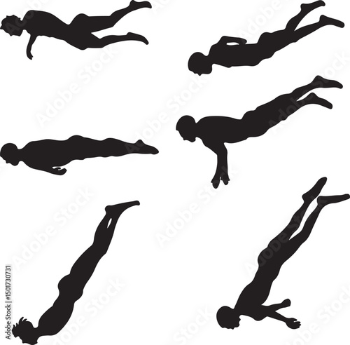Silhouette Vector Art of Divers in Various Poses: Diving, Swimming, and Floating in Water - Stock Illustration for Graphic Design Projects