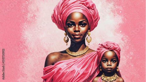 Artistic portrait of an African mother and daughter in pink headwraps and dresses, adorned with gold jewelry, against a textured pink background.