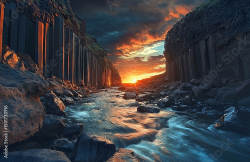 Dramatic basalt columns embracing a river during sunset in a stunning landscape