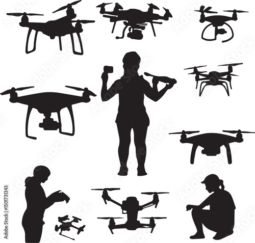 Drone Silhouette Vector Art: Collection of Quadcopter Drones with People Flying and Operating Them - Stock Illustration Graphic Design