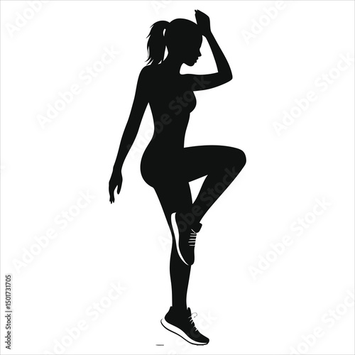 (Sneakers trainers)Vector Silhouette of a woman exercising in a dynamic pose./A sleek silhouette of a woman performing a dynamic exercise, likely a leg-lifting or cardio movement.