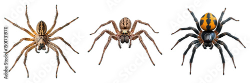 Three spiders are shown in a row, with the middle one being the largest