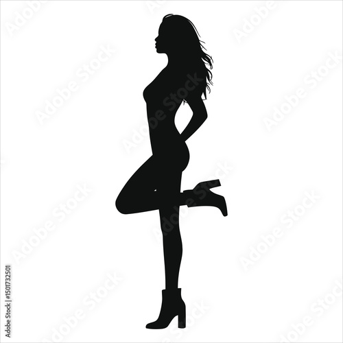 ( Ankle boots Chelsea boots )Vector Silhouette of a Woman in Fashionable Boots/A striking silhouette of a woman, poised and elegant, wearing fashionable boots.