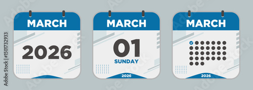 Modern Calendar icon. March. 2026 1 day. The concept of waiting for an important date. Day calendar with date March 1. Cheklist day calendar. Vector illustration.