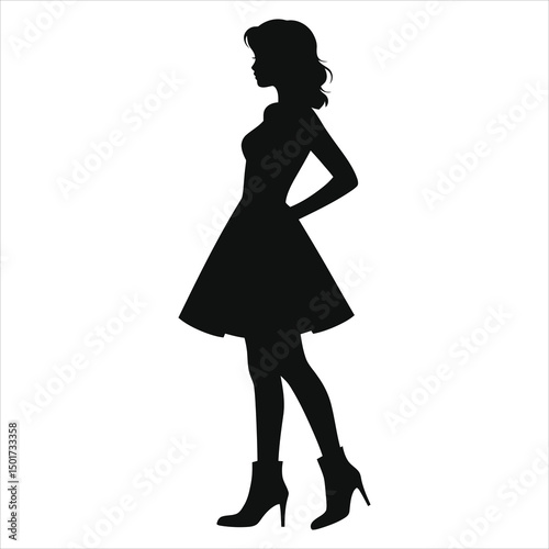 (Ankle boots Chelsea boots )Elegant Woman in Profile Vector Silhouette, Fashionable Outfit/A stylish silhouette of a woman in profile view, showcasing a midi-length dress and ankle boots.