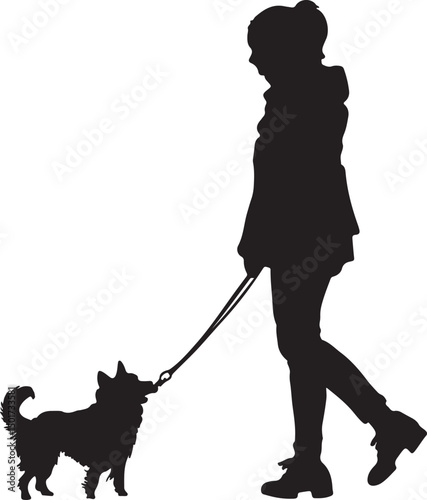 Silhouette of Woman Walking Dog on Leash | Dog Walking, Pet Ownership, Outdoor Activity, Black and White Vector Illustration