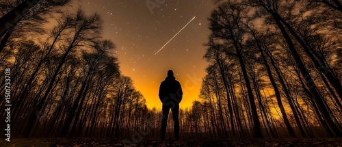 Man watching meteor shower, forest, night