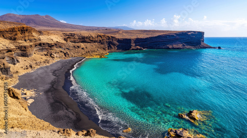 Volcanic Island Aerial View over Turquoise Lagoon and Black Sand Beach