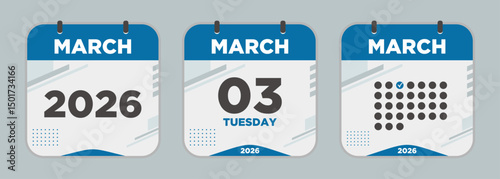 Modern Calendar icon. March. 2026 3 day. The concept of waiting for an important date. Day calendar with date March 3. Cheklist day calendar. Vector illustration.