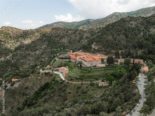 Wallpaper Mural Aerial view of the holy monastery of Panagia Machaira surrounded by tranquil mountains and lush greenery, Lazanias, Nicosia, Cyprus. Torontodigital.ca